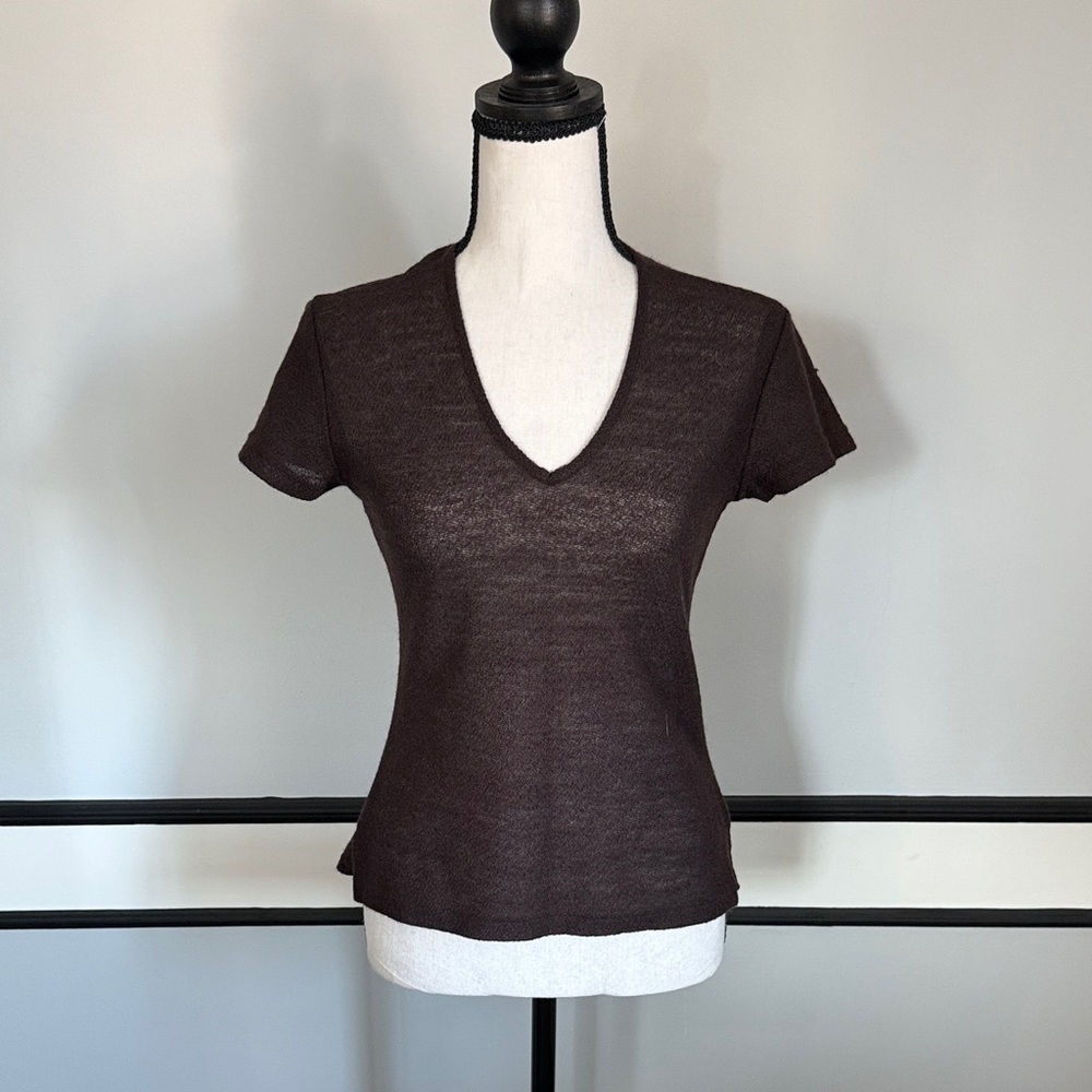 Barneys New York Dark Brown V-Neck Short Sleeve Sweater